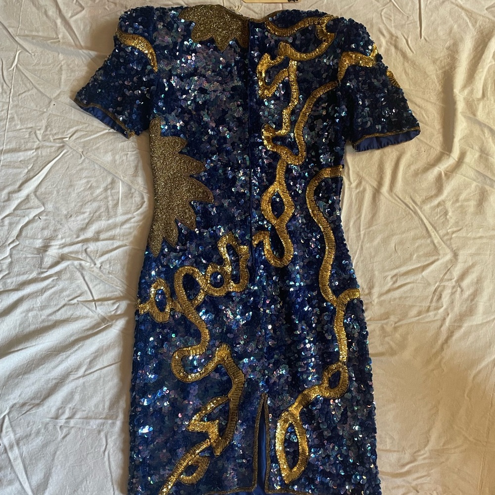 Laurence Kazar beaded blue/gold sequin dress